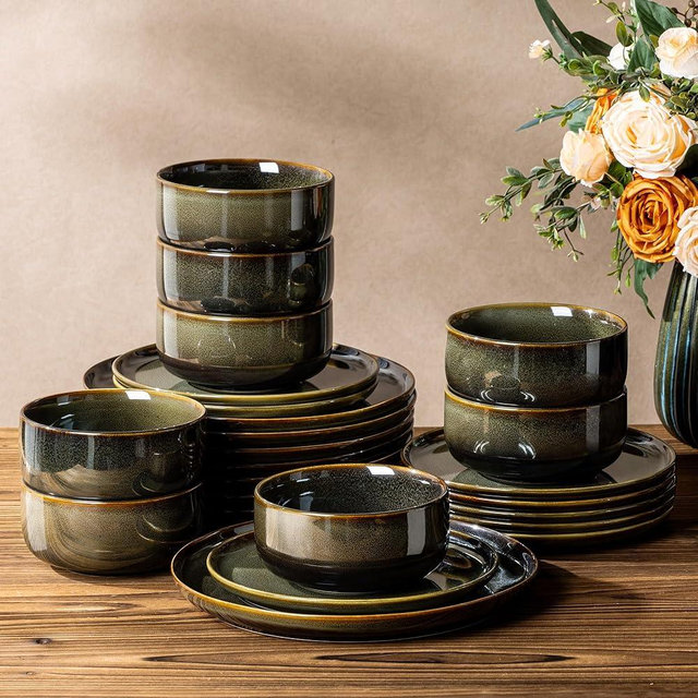 TheTerra Ceramic Dinnerware Sets for 8, 24 Pieces Handmade Reactive Glaze Plates and Bowls Set, Scratch Resistant Dish Set, Oven & Microwave & Dishwasher Safe, Olive Green