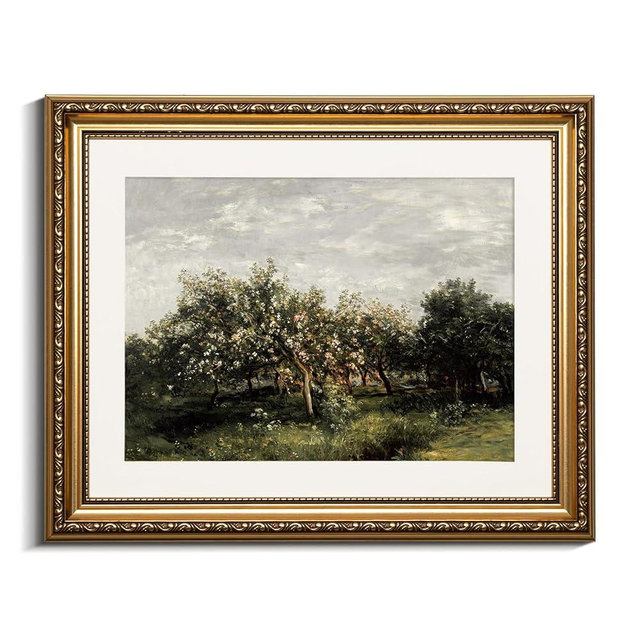 VIYYIEA Gold Framed Impressionist Landscape Orchard Wall Art, Elegant Nature Scene for Living Room Decor | Zero-Glare No Glass Design, Lightweight Canvas Painting | 13x16 Inch