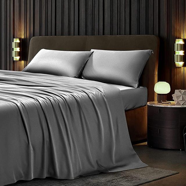LIANLAM 100% Bamboo Queen Size Sheets Set - 4 Piece Cooling Bed Sheets - Super Soft Breathable Luxury Bamboo Sheets 16-Inch Deep Pocket - Wrinkle and Hypoallergenic (Dark Grey, Queen)