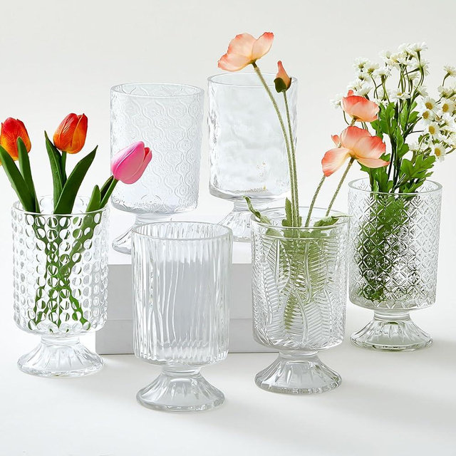 Ninehaoou 6 Pcs (H: 7" W: 4") Embossed Flower Vase Pedestal Glass Vase Big Base Thickened Crystal Vintage Vases for Valentines Day Wedding Home Table Centerpiece House Warming Gifts (Clear,Classic)