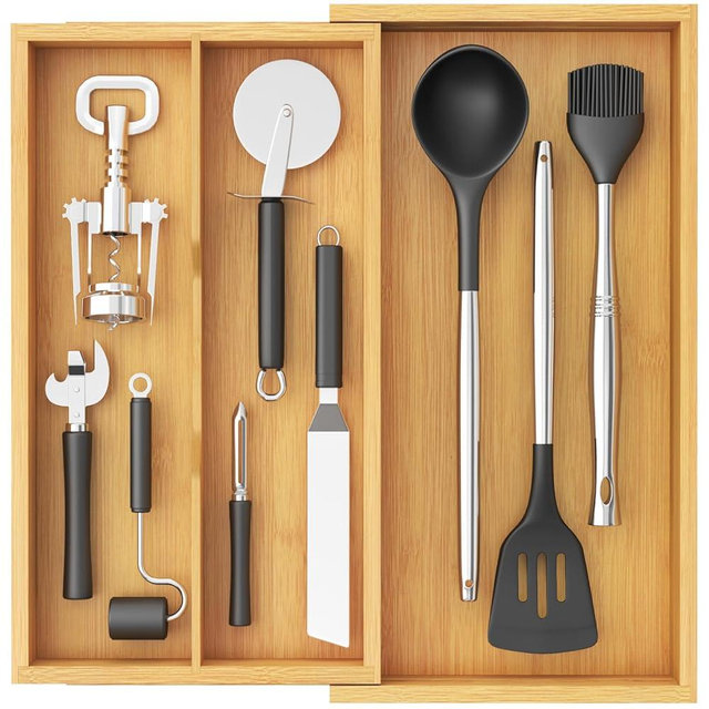 Lifewit Utensil Drawer Organizer, Expendable Cooking Silverware Tray for Kitchen Drawer, Bamboo Adjustable Cutlery Flatware Holder, Spatula Tools and Gadgets Storage Divider, 3 Compartments, Natural