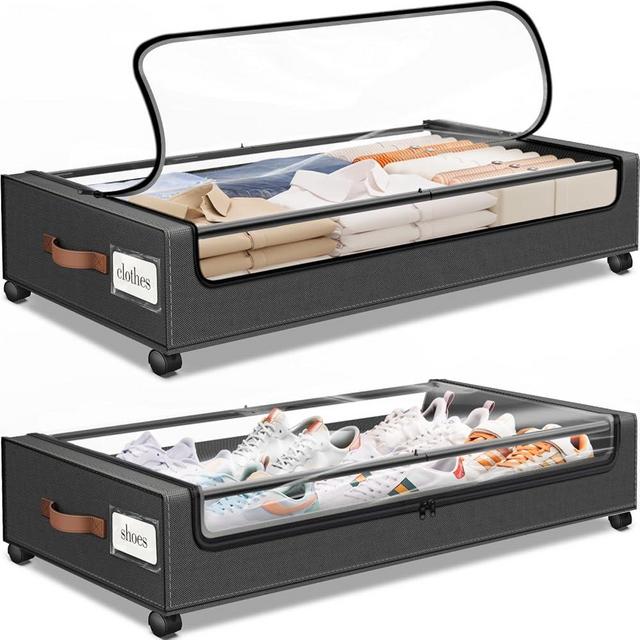 SpaceHacks Under Bed Storage with Wheels 2Pack Storage Containers with Clear Window&Label Under Bed Drawers Rolling Under Bed Storage for Clothes,Shoes, Blankets (30.71 x 16.93 x 6.69 in, Dark Grey)