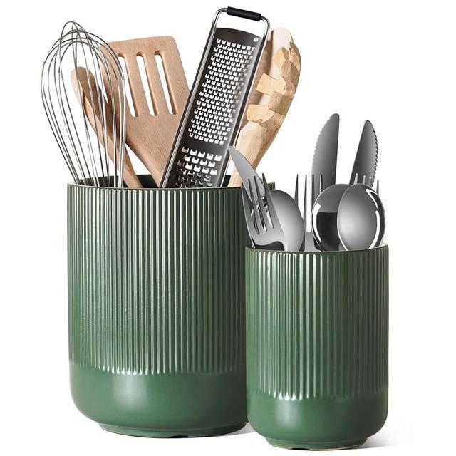 LE TAUCI Utensil Holder, 7.3"+5.4" Ceramic Kitchen Utensil Holder for Countertop, Large Cooking Utensil Crocks for Kitchen Counter, Morden Utensil Organizer for Spatula, Set of 2, Forest Green