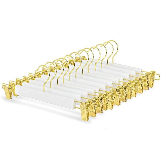 Amber Home 14.17" Solid White Wooden Pant Skirt Hangers 24 Pack, Bottom Hangers for Slacks Trousers Jeans with 2-Adjustable Gold Clips (White + Gold, 24)