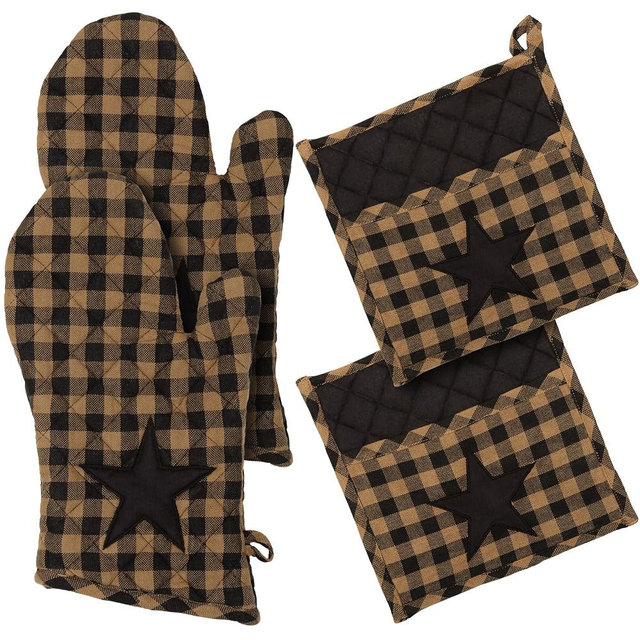 VHC Brands Black Star 4PC Set 2 Oven Mitts and 2 Pot Holders