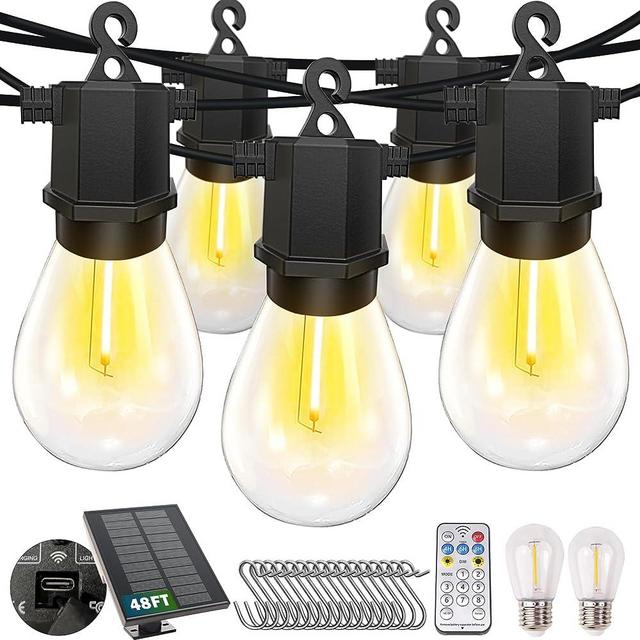 CIIC Solar Outdoor String Lights, 48FT LED Patio Lights Solar Powered for Outside IP65 Waterproof&Dimmable, Hanging Solar Lights with 8 Modes 16+2 Shatterproof Bulbs for Party Yard-3000K Warm White