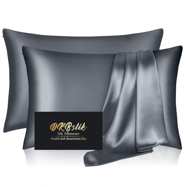 Silk Pillow Cases 2 Pack, Mulberry Silk Pillowcases Standard Set of 2, Smooth, Anti Acne, Both Sides Natural Silk Satin Pillow Cases for Sleeping Women 2 Pack with Zipper, Space Grey
