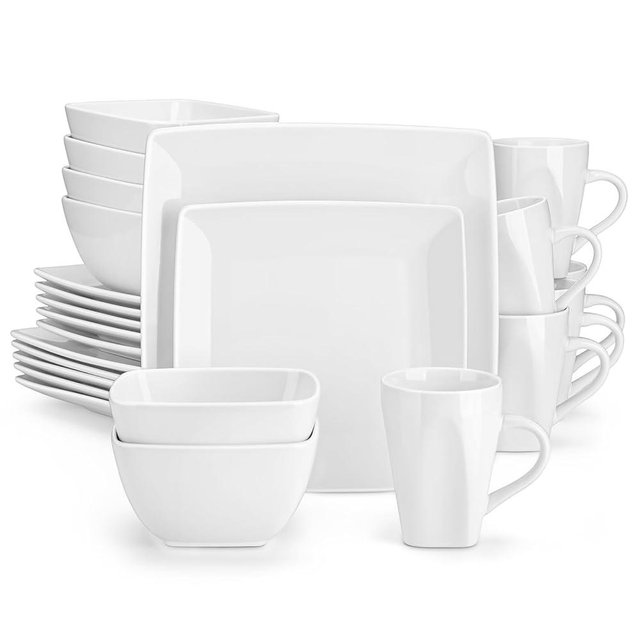 vancasso Soho Dinnerware Sets 24 Pieces, White Stoneware Square Place Setting, Dinner Plate, Dessert Plate, Bowls Service for 6