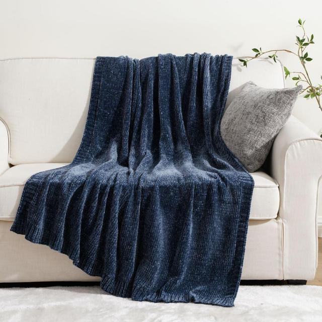 BATTILO HOME Navy Throw Blanket for Couch, Dark Blue Throw Blanket for Sofa, Chair, Living Room, Chenille Knit Throw Blanket, 51"x67"