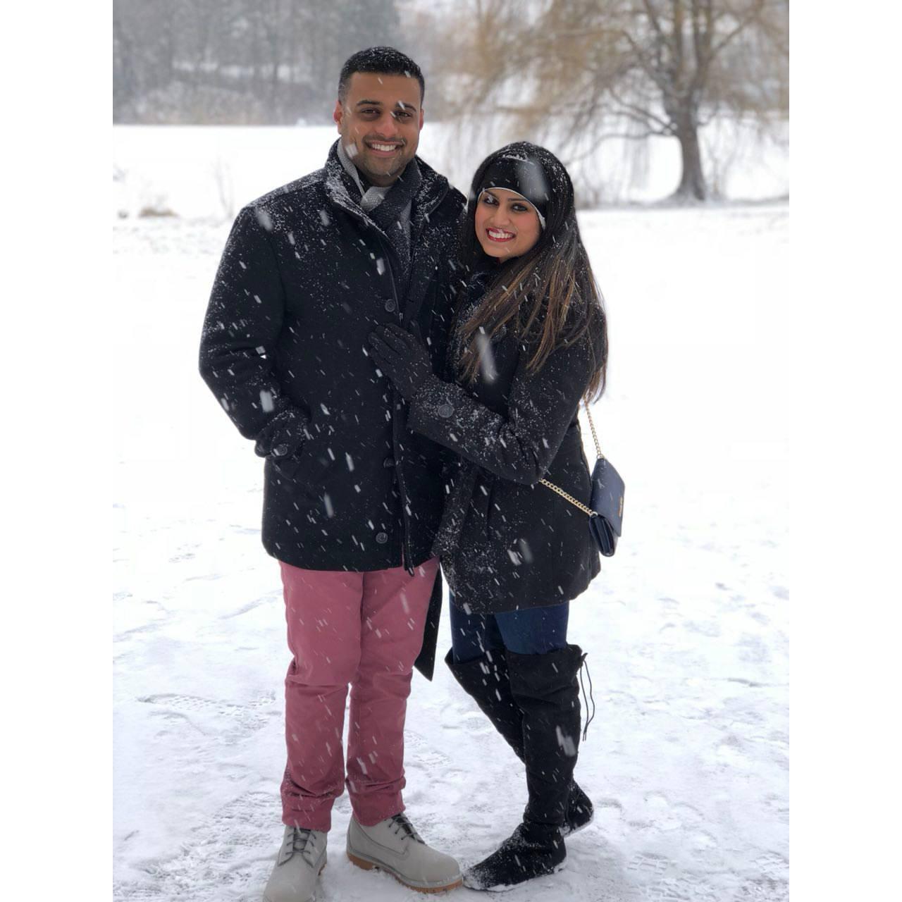 Priya's first time seeing snow, in New York City