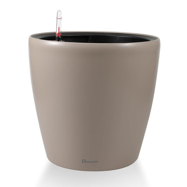 Dexceder 18x17 Self Watering Planter with Wheels Indoor Outdoor, Inner Pot Design, Thickened Large Floor Standing Flower Plant Pot with Water Level Indicator (Taupe Matte)