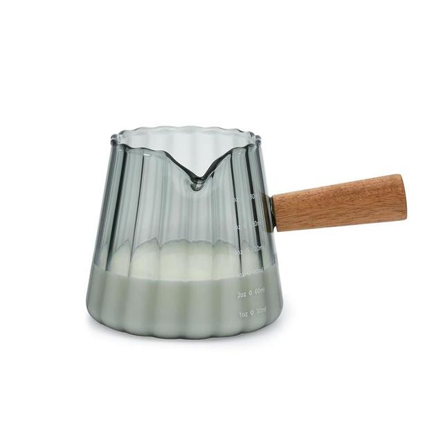 Denovin Glass Measuring Cup, 6oz Creamer Pitcher with Wood Handle, Creative Milk Frothing Pitcher Creamer Shot Glass (Gray）