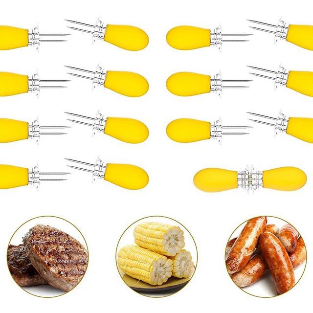 Unves Corn Holders, 16Pcs/8 Pairs Stainless Steel Corn On The Cob Sweetcorn Corn Skewers, Interlocking Double Fork for BBQ Camping Outdoor Kitchen Tool