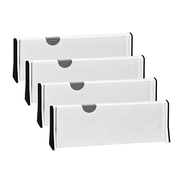 Drawer Dividers Organizer 4 Pack, Adjustable Separators 4" High Expandable from 11-17" for Bedroom, Bathroom, Closet,Clothing, Office, Kitchen Storage, Strong Secure Hold, Foam Ends（White）