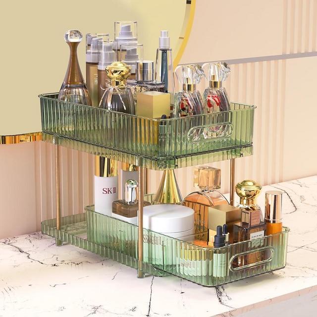 colorsmoon Skincare Organizers for Vanity 2 tier, Large Capacity Makeup Storage Countertop for Perfumes, Cosmetics, Lipsticks, Jewelry, Nail Care, Ideal for Bedroom, Bathroom and Cabinet-Gem Green