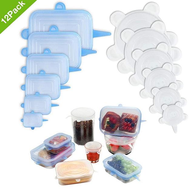 Silicone Stretch Lids Reusable, Godmorn 12 pack Round + Rectangle, Food Storage Silicone Lids Cover for Container Bowl Cup Pot Pan Dish Can,Freezer Microwave and Dishwasher Safe, Keep Fresh