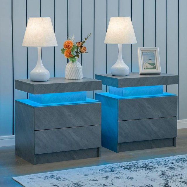 i-aplus Grey Night Stand Set 2 Modern Bedside Tables with 2 Drawers Bedroom Night Stands Set of 2 LED Night Stand for Bedroom, Living Room