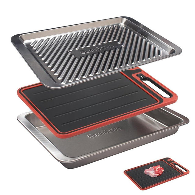 Prep and Serve Sets of 3PCS - Stainless Steel Container for Marinades, Stainless Steel Serving Tray, 2-in-1 Aluminum Defrosting Tray with Plastic Cutting Board, The BBQ Food Prep Grill Set