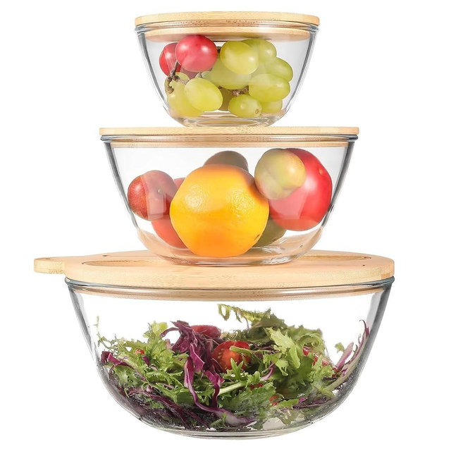 JOYMAY Glass Salad Bowls, Set of 3 Glass Bowls with Bamboo Lids Large Serving Bowl for Salad, Pasta, Desserts, W/Bamboo Utensils Salad Fruit Nesting Bowl for Cooking,Baking,Prepping,Serving & Storage