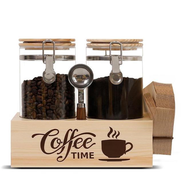 EQEY Glass Coffee Canister Set with Shelf & Spoon 2 Piece Coffee Containers for Ground Coffee Coffee Bean Storage Airtight Seal, Coffee Bar Accessories Coffee Filter Holder for Kitchen Organization