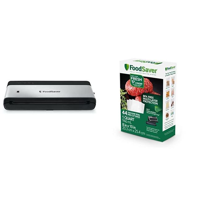 FoodSaver VS0150 PowerVac Compact Vacuum Sealing Machine, Black & 1-Quart Precut Vacuum Seal Bags with BPA-Free Multilayer Construction for Food Preservation, Freezer Bags & Sous Vide Bags, 44 Count