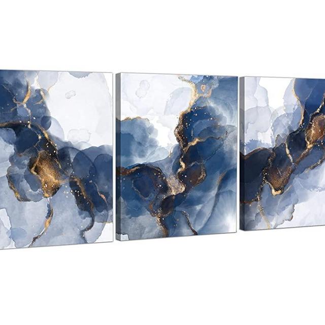 HGTUSJHC Abstract Canvas Wall Art Living Room Blue Watercolor Painting Pictures Bedroom Bathroom Decor Kitchen Framed Artwork Office Home Wall Decor Size 12x16x3, Blue White, 12 x 16 in (3 Piece)