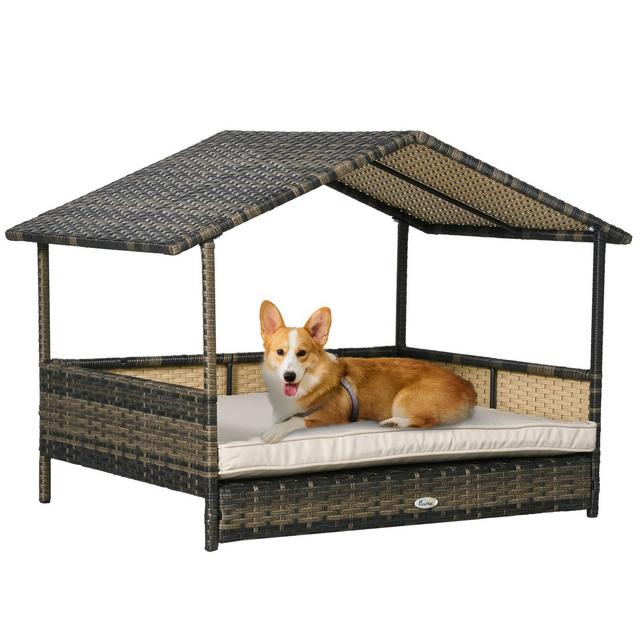 PawHut Wicker Dog House Elevated Raised Rattan Bed for Indoor/Outdoor with Removable Cushion Lounge, Khaki