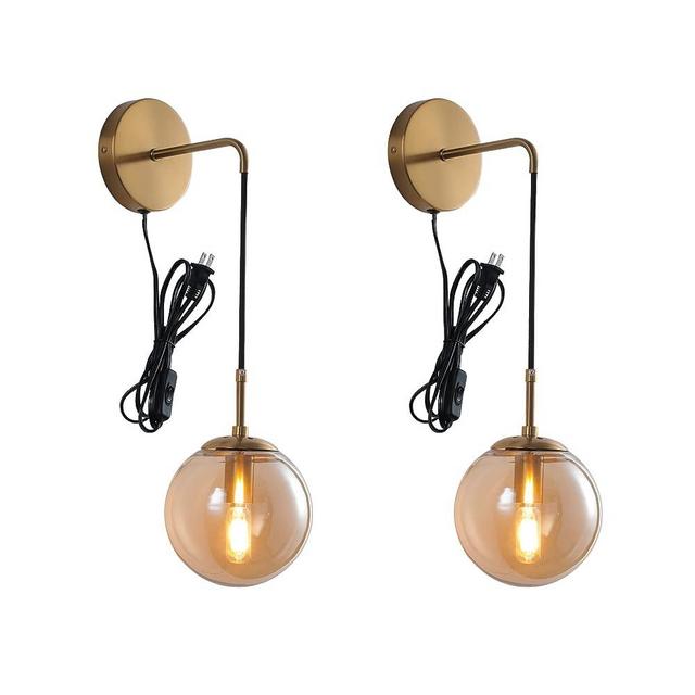 Plug in Wall Sconces,Modern Wall Sconces Set of Two,Antique Copper Gold Wall Lamp with Plug in Cord,Wall Outlet Wall Light Fixtures with Globe Amber Glass Shade,Wall Mount Lamp for Bedroom Living Room