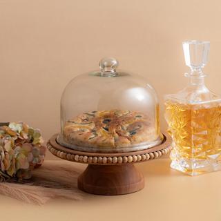 Acacia Wood Beaded Footed Cake Plate with Glass Dome