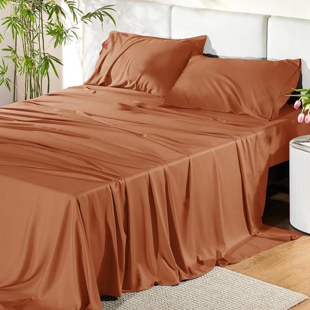 Bedsure Cooling Sheets Set, Rayon Made from Bamboo, Queen Sheet Set, Deep Pocket Up to 16", Hotel Luxury Silky Soft Breathable Bedding Sheets & Pillowcases, Burnt Orange