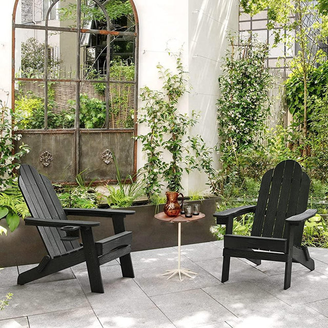 LUE BONA Folding Adirondack Chair Set of 2, Black Poly Fire Pit Adirondack Chair Weather Resistant, Modern Plastic Adirondack Patio Chairs with Cup Holder, 320LBS, Outdoor Chairs for Pool Porch Beach