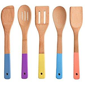 Comllen Natural Bamboo Spoons Cooking Utensil Set, 5 Piece Wooden Spoons and Spatulas Kitchen Tools with Multi-color Handles