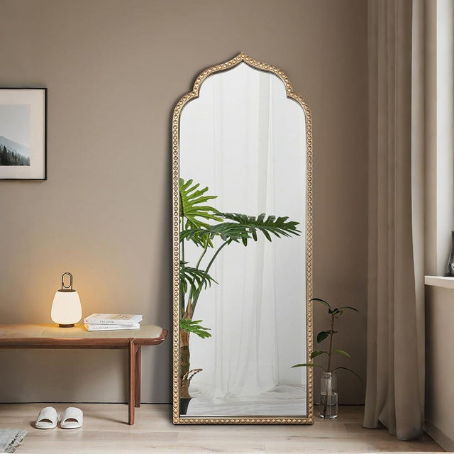 DAOYIJIAJU Large Arch Mirror, 20"x53" Gold Arched Floor Mirrors for Dressing, Metal Beaded Frame Decorative Vintage Mirror, Scalloped Full Length Mirrors for Living Room Bedroom Hallway Entryway