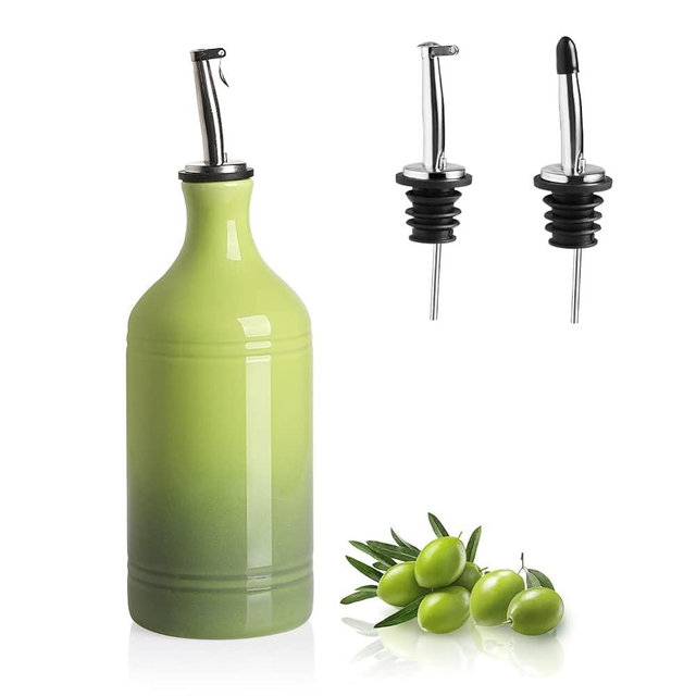 Sweejar Ceramic Olive Oil Dispenser Bottle, Opaque Oil Cruet Protects Oil to Reduce Oxidation, Suitable for Storage Oil, Vinegar, Coffee Syrups & Other Liquids, Pack of 1, 15.5 Fl Oz (Gradient Green)