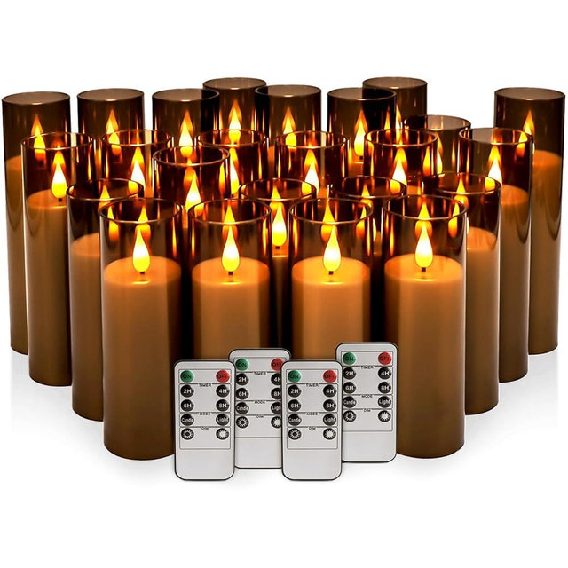 CAKETYCG 24 Pack LED Gray Flameless Candles with Remote, 3D Flickering Battery Operated Candles in Glass Holders, Safe for Weddings, Parties, Home and Outdoor Decor.