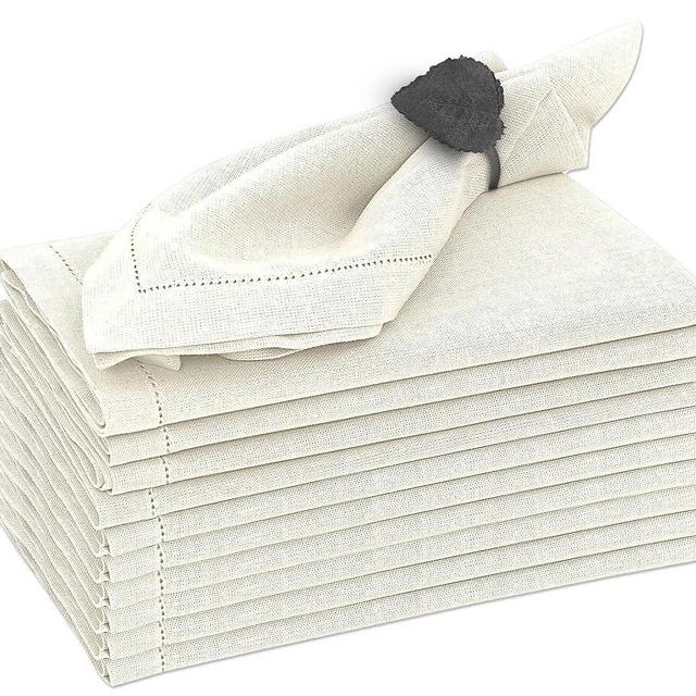 Ruvanti Premium Linen Napkins Set of 12-20x20 Inch, Classic Hemstitch, Mitered Corner Cloth Napkins ‎‎- Soft, Elegant Dinner Napkins Cloth Washable for Weddings, Parties, Everyday Use - Ivory
