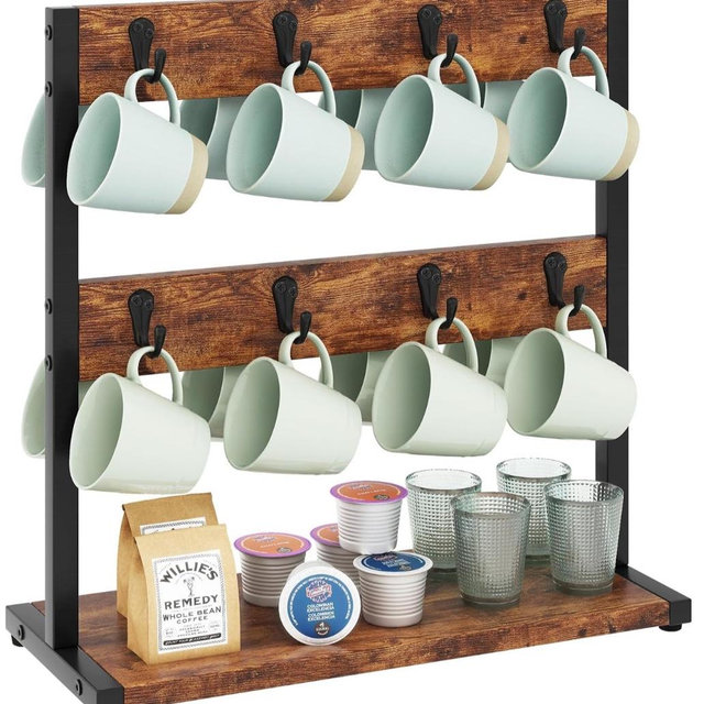 IBUYKE Wood Coffee Mug Holder for Countertop,16 Hook Mug Tree Holder Rack with Storage Base,Mug Display Organizer,Mug Holders for Home Kitchen,Black UTBJ001B