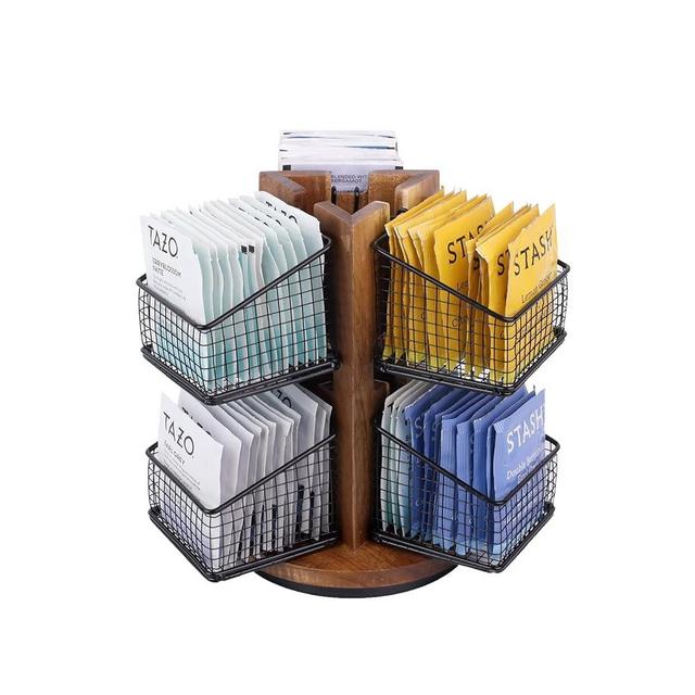 HTB Carousel Tea Bag Organizer for Counter, 2 Tier Tea Bag Holder with 6 Removable Tea Baskets and Acacia Wood Station, Tea Organizers and Storage for Cabinet, Countertop