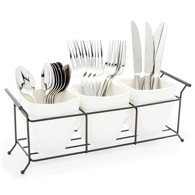 White Ceramic Utensil Holder, Flatware Caddy with Metal Stand (13 x 4 x 5 In)