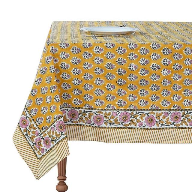 CPC Tablecloth 100% Cotton 60x90 Inch Indian Block Print Rectangle Table Cover, Washable Table Cloth for Weddings, Thanksgiving, Christmas-Yellow Citrine
