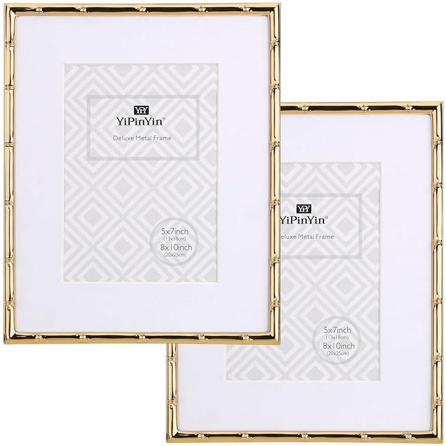 8x10'' Bamboo Detail Gold Metal Picture Frame with Acid Free Mat for 5x7'' Set of 2, Narrow Gold Plated Photo Frames 5 x7'' With Soft Touch Velvet Backing for Desktop and Wall Décor(Dark Gold)