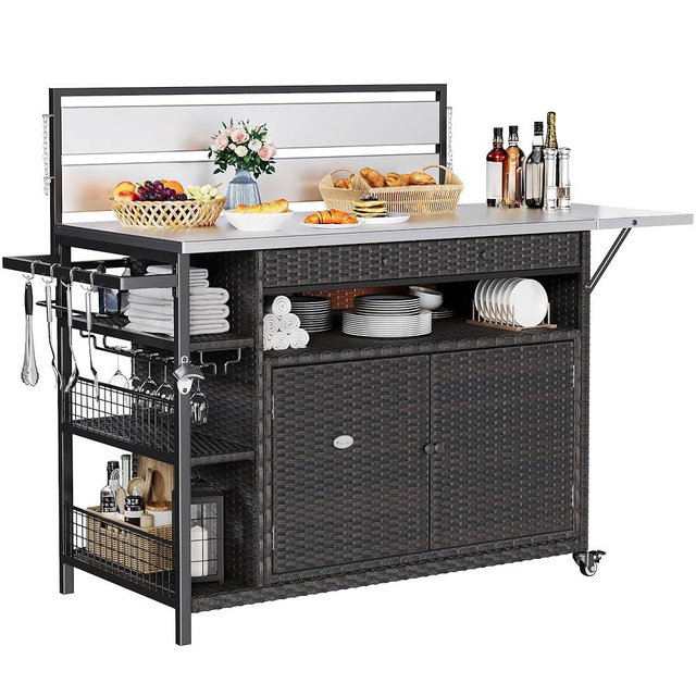YITAHOME XL Outdoor Kitchen Wicker Island Rolling Cart & Storage Cabinet, Wheels and Stainless Steel Extended Table Top, Side Handle for Patio Kitchen or Bar Cart, Dark Brown