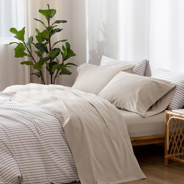 MooMee Bedding Sheet Set 100% Washed Cotton Linen Like Textured Breathable Durable Soft Comfy (Solid Light Tan, Queen)