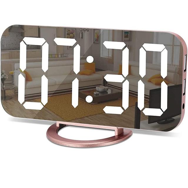 Alarm Clock for Bedroom,LED and Mirror Digital Clock Large Display,with Dual USB Charger Ports,Auto Dim,Snooze Mode,Modern Desk/Wall Electronic Clock for Girl Woman Mom Teens - Rose Gold
