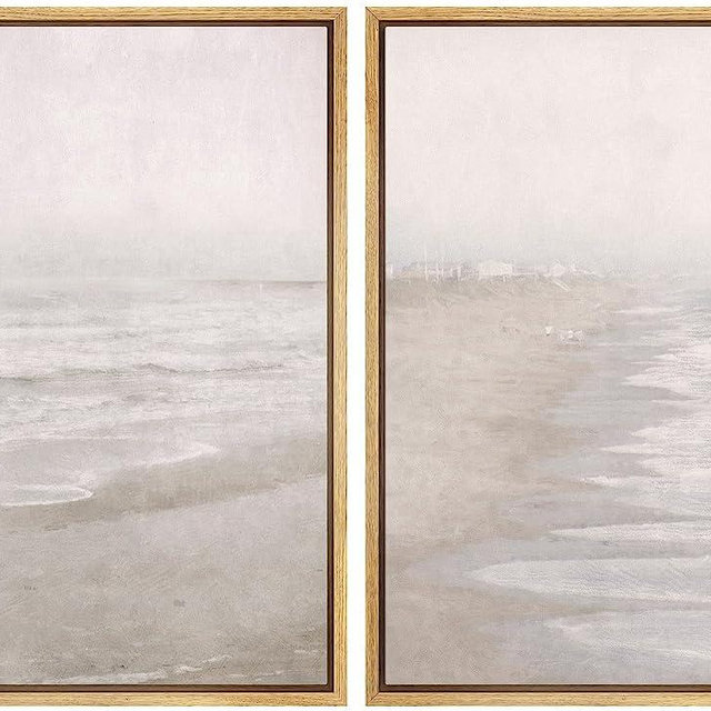 IDEA4WALL Framed Canvas Print Wall Art Set Abstract Beach Shore Ocean Wave Landscape Nature Wilderness Illustrations Modern Art Decorative Coastal Cottage Seascape for Bedroom - 24"x36"x2 Natural