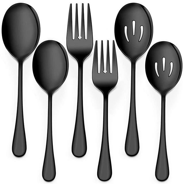 LIANYU 2 Black Serving Spoons, 2 Black Slotted Serving Spoons, 2 Black Serving Forks, 8 3/4 Inch Stainless Steel Buffet Catering Party Banquet Serving Spoons Forks Set, Dishwasher Safe