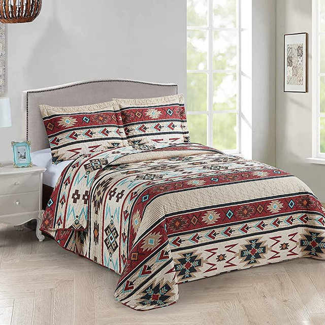 Rustic Striped Southwestern Quilt Stitched Western Bedspread Bedding Set with Beige Brown Burgundy Turquoise Tribal Native American Patterns - Colorado (Full / Queen)