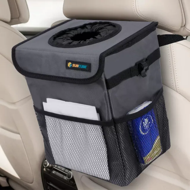 SUN CUBE Waterproof Car Trash Can with Lid, Portable Organizer Garbage Can, Removable Leakproof Lining Hanging Bin Storage