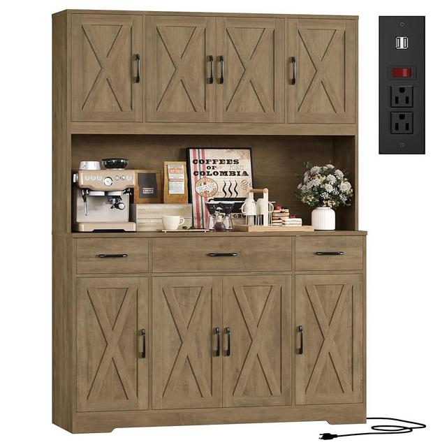 HOSTACK 71" Tall Pantry Cabinet with Charging Station, 55" Wide Kitchen Pantry Storage Cabinet with Countertop, Large Kitchen Hutch with Storage and Microwave Stand for Dining Room, Rustic Brown