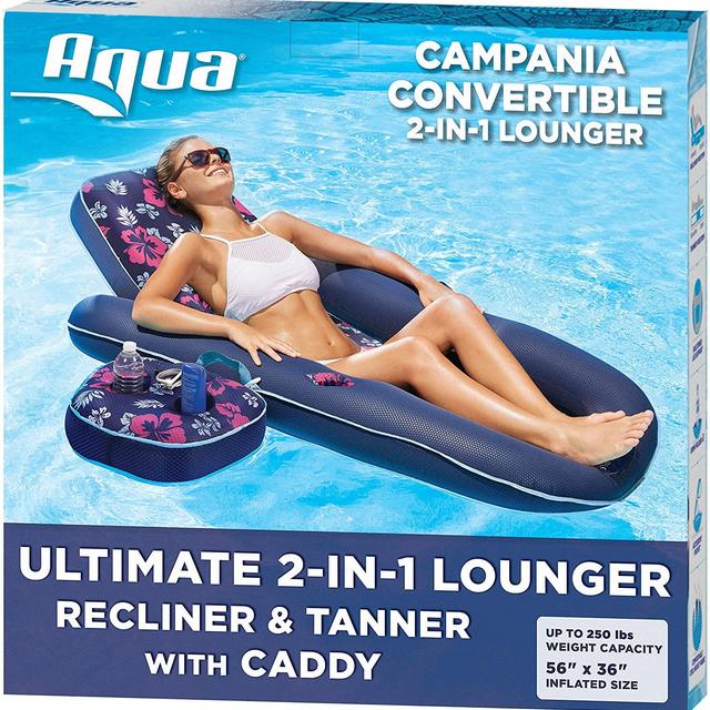Campania Ultimate 2 in 1 Recliner & Tanner Pool Lounger with Adjustable Backrest and Caddy, Inflatable Pool Float, Navy Hibiscus (AQL14856AZ)
